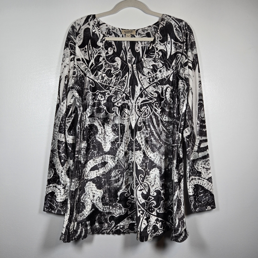 One World Black White Velvet Velour Printed Long Sleeve Tunic Top Size Large